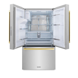 ZLINE Autograph Edition 36 in. 28.9 cu. ft. Standard-Depth French Door External Water Dispenser Refrigerator with Dual Ice Maker in Fingerprint-Resistant Stainless Steel and Polished Gold Modern Handles (RSMZ-W-36-FG)