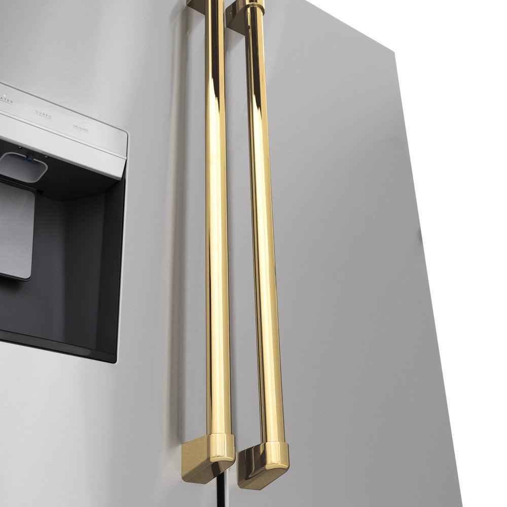 ZLINE Autograph Edition 36 in. 28.9 cu. ft. Standard-Depth French Door External Water Dispenser Refrigerator with Dual Ice Maker in Fingerprint-Resistant Stainless Steel and Polished Gold Traditional Handles (RSMZ-W-36-G)