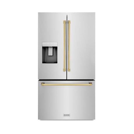 ZLINE Autograph Edition 36 in. 28.9 cu. ft. Standard-Depth French Door External Water Dispenser Refrigerator with Dual Ice Maker in Fingerprint Resistant Stainless Steel and Polished Gold Handles (RSMZ-W-36-G)