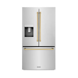 ZLINE Autograph Edition 36 in. 28.9 cu. ft. Standard-Depth French Door External Water Dispenser Refrigerator with Dual Ice Maker in Fingerprint-Resistant Stainless Steel and Polished Gold Traditional Handles (RSMZ-W-36-G)
