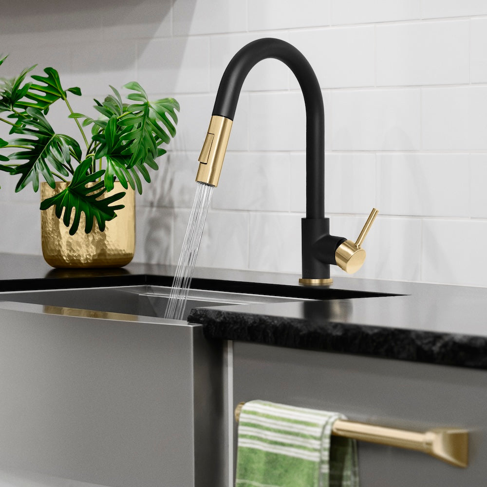 ZLINE Autograph Edition Gemini Pull Down Single Handle Kitchen Faucet in Matte Black and Champagne Bronze (GEM-KF-ZMBCB)