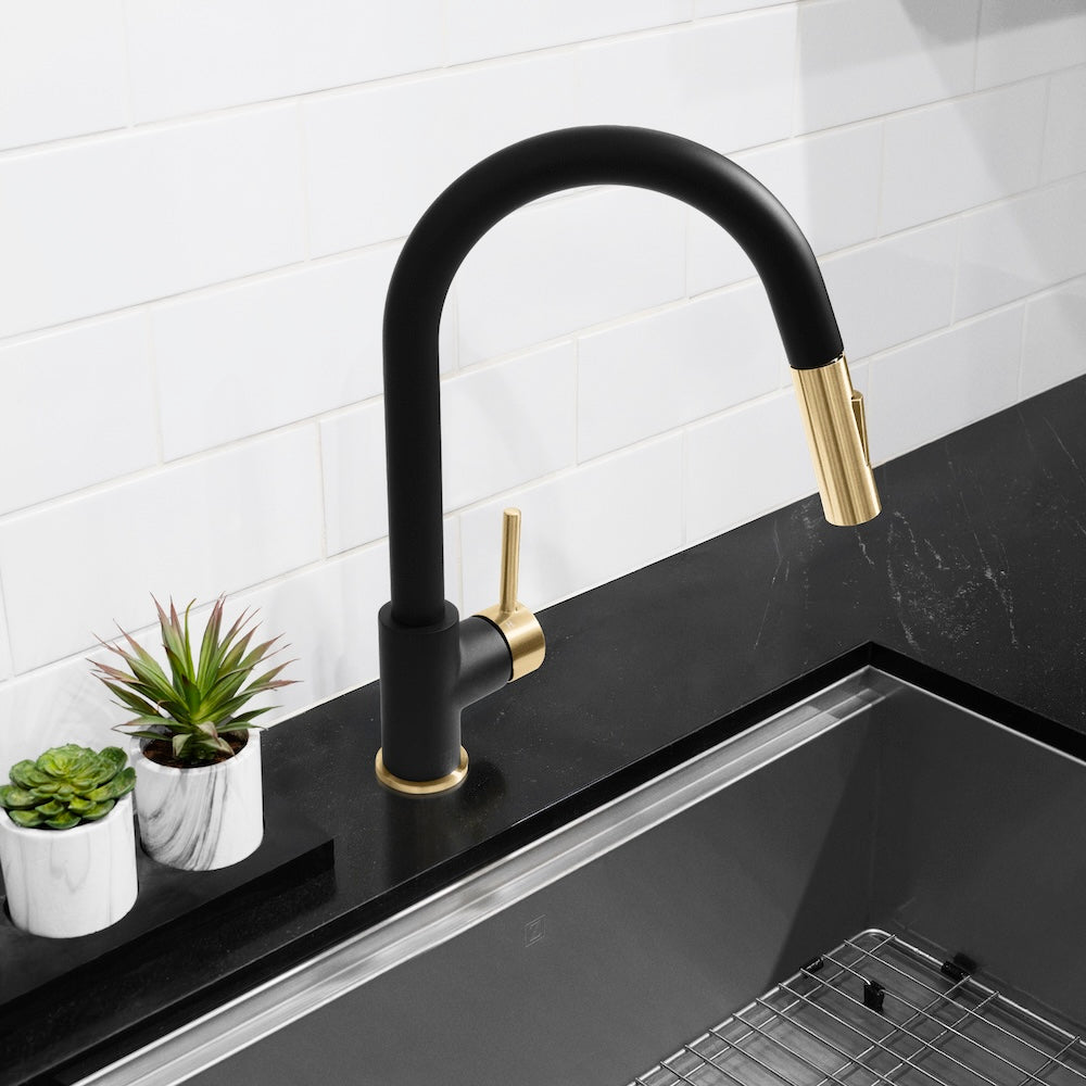 ZLINE Autograph Edition Gemini Pull Down Single Handle Kitchen Faucet in Matte Black and Champagne Bronze (GEM-KF-ZMBCB)