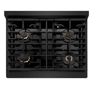 ZLINE Autograph Edition 30 in. 4.2 cu. ft. Paramount Dual Fuel Range with 4 Burner Gas Cooktop and Electric Convection Oven in Black Stainless Steel with Champagne Bronze Accents (SDRBZ-30-CB)