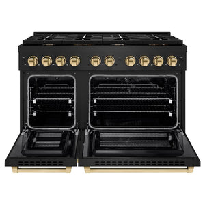ZLINE Autograph Edition 48 in. 6.7 cu. ft. Paramount Double Oven Dual Fuel Range with 8 Burner Gas Cooktop in Black Stainless Steel and Polished Gold Accents (SDRBZ-48-G)