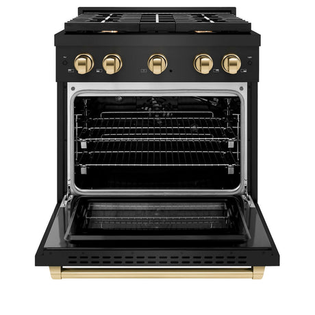 ZLINE Autograph Edition 30 in. 4.2 cu. ft. Paramount Gas Range with 4 Burner Cooktop and Convection Gas Oven in Black Stainless Steel and Champagne Bronze Accents (SGRBZ-30-CB)