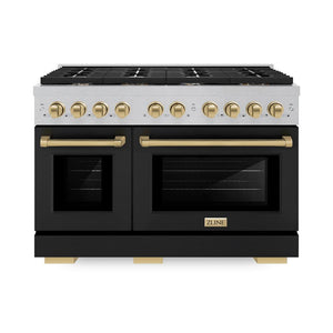ZLINE Autograph Edition 48 in. 6.7 cu. ft. Paramount Double Oven Dual Fuel Range with 8 Burner Gas Cooktop in DuraSnow® Stainless Steel with Black Matte Door and Champagne Bronze Accents (SDRSZ-BLM-48-CB)