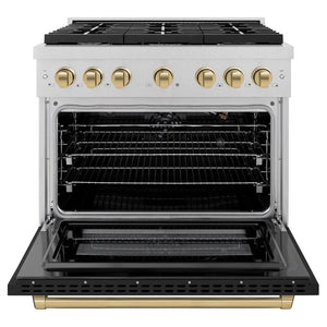ZLINE Autograph Edition 36 in. 5.2 cu. ft. Paramount Gas Range with 6 Burner Cooktop and Convection Gas Oven in DuraSnow® Stainless Steel with Black Matte Door and Champagne Bronze Accents (SGRSZ-BLM-36-CB)
