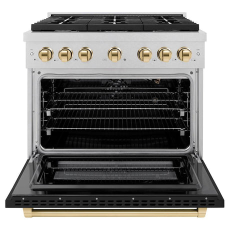 ZLINE Autograph Edition 36 in. 5.2 cu. ft. Paramount Gas Range with 6 Burner Cooktop and Convection Gas Oven in DuraSnow® Stainless Steel with Black Matte Door and Polished Gold Accents (SGRSZ-BLM-36-G)