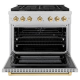 ZLINE Autograph Edition 36 in. 5.2 cu. ft. Paramount Dual Fuel Range with 6 Burner Gas Cooktop and Electric Convection Oven in DuraSnow® Stainless Steel with Polished Gold Accents (SDRSZ-36-G)