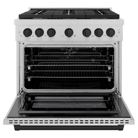 ZLINE Autograph Edition 36 in. 5.2 cu. ft. 6 Burner Paramount Gas Range with Convection Gas Oven in DuraSnow® Stainless Steel and Matte Black Accents (SGRSZ-36-MB)