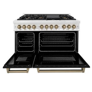 ZLINE Autograph Edition 48 in. 6.0 cu. ft. Legacy Dual Fuel Range with 7 Burner Gas Cooktop and 2 Electric Ovens in DuraSnow® Stainless Steel with Black Matte Doors and Champagne Bronze Accents (RASZ-BLM-48-CB)