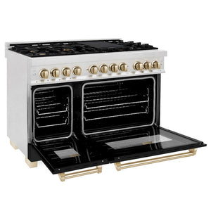 ZLINE Autograph Edition 48 in. 6.0 cu. ft. Legacy Dual Fuel Range with 7 Burner Gas Cooktop and 2 Electric Ovens in DuraSnow® Stainless Steel with Black Matte Doors and Polished Gold Accents (RASZ-BLM-48-G)