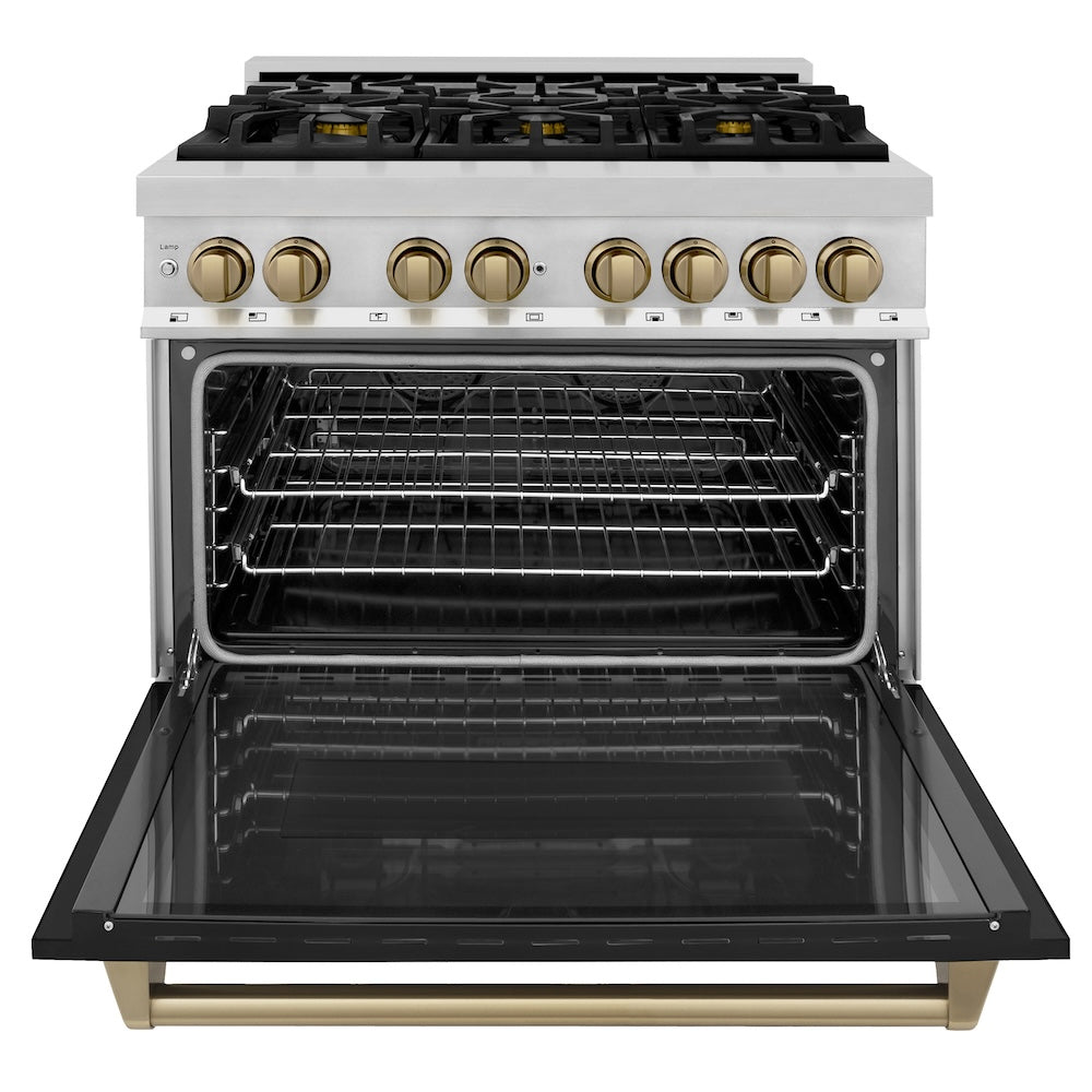 ZLINE Autograph Edition 36 in. 4.6 cu. ft. Dual Fuel Range with Gas Stove and Electric Oven in Stainless Steel with Black Matte Door and Champagne Bronze Accents (RAZ-BLM-36-CB)
