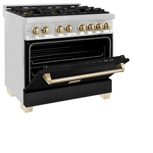 ZLINE Autograph Edition 36 in. 4.6 cu. ft. Legacy Dual Fuel Range with 6 Burner Gas Cooktop and Electric Convection Oven in Stainless Steel with Black Matte Door and Polished Gold Accents (RAZ-BLM-36-G)