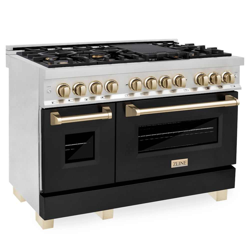 ZLINE Autograph Edition 48 in. 6.0 cu. ft. Dual Fuel Range with Gas Stove and Electric Oven in Stainless Steel with Black Matte Doors and Polished Gold Accents (RAZ-BLM-48-G)