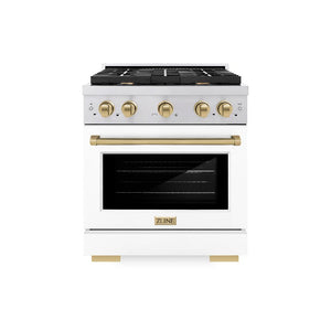 ZLINE Autograph Edition 30 in. 4.2 cu. ft. Paramount Dual Fuel Range with 4 Burner Gas Cooktop and Electric Convection Oven in Stainless Steel with White Matte Door and Champagne Bronze Accents (SDRZ-WM-30-CB)