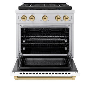 ZLINE Autograph Edition 30 in. 4.2 cu. ft. Paramount Dual Fuel Range with 4 Burner Gas Cooktop and Electric Convection Oven in Stainless Steel with White Matte Door and Polished Gold Accents (SDRZ-WM-30-G)
