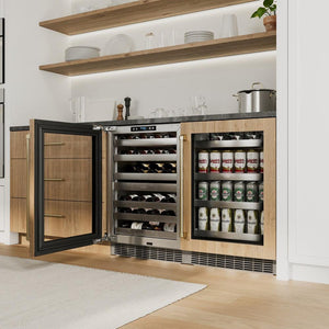 ZLINE Autograph Edition 24 in. Touchstone Dual Zone 44 Bottle Wine Cooler With Panel Ready Glass Door And Champagne Bronze Handle (RWDPOZ-24-CB)