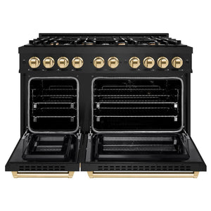 ZLINE Autograph Edition 48 in. 6.7 cu. ft. Select Double Oven Dual Fuel Range with 8 Burner Gas Cooktop in Black Stainless Steel and Polished Gold Accents (HDRBZ-48-G)