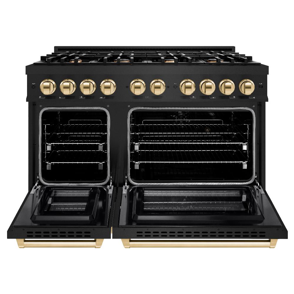 ZLINE Autograph Edition 48 in. 6.7 cu. ft. Select Double Oven Gas Range with 8 Burner Cooktop in Black Stainless Steel and Polished Gold Accents (HGRBZ-48-G)