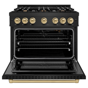 ZLINE Autograph Edition 36 in. 5.2 cu. ft. Select Gas Range with 6 Burner Cooktop and Convection Gas Oven in Black Stainless Steel and Champagne Bronze Accents (HGRBZ-36-CB)