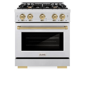 ZLINE Autograph Edition 30 in. 4.2 cu. ft. Select Dual Fuel Range with 4 Burner Gas Cooktop and Electric Convection Oven in DuraSnow® Stainless Steel with Champagne Bronze Accents (HDRSZ-30-CB)
