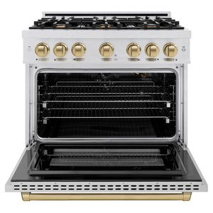 ZLINE Autograph Edition 36 in. 5.2 cu. ft. Select Gas Range with 6 Burner Cooktop and Convection Gas Oven in DuraSnow® Stainless Steel and Champagne Bronze Accents (HGRSZ-36-CB)