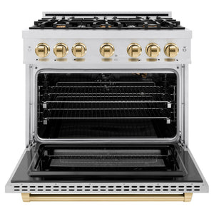 ZLINE Autograph Edition 36 in. 5.2 cu. ft. Select Gas Range with 6 Burner Cooktop and Convection Gas Oven in DuraSnow® Stainless Steel and Polished Gold Accents (HGRSZ-36-G)