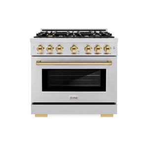 ZLINE Autograph Edition 36 in. 5.2 cu. ft. Select Dual Fuel Range with 6 Burner Gas Cooktop and Electric Convection Oven in Stainless Steel with Polished Gold Accents (HDRZ-36-G)
