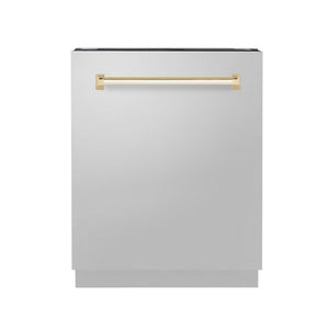 ZLINE Autograph Edition 24 in. 3rd Rack Top Control Tall Tub Dishwasher in Stainless Steel with Polished Gold Handle, 51dBa (DWVZ-304-24-G)