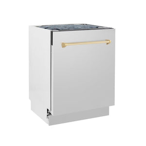 ZLINE Autograph Edition 24 in. 3rd Rack Top Control Tall Tub Dishwasher in Stainless Steel with Polished Gold Handle, 51dBa (DWVZ-304-24-G)