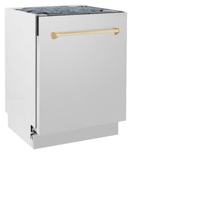 ZLINE Autograph Edition 24 in. 3rd Rack Top Control Tall Tub Dishwasher in Stainless Steel with Polished Gold Handle, 51dBa (DWVZ-304-24-G)