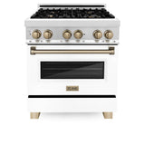 ZLINE Autograph Edition 30 in. 4.0 cu. ft. Legacy Dual Fuel Range with 4 Burner Gas Cooktop and Electric Convection Oven in Stainless Steel with White Matte Door and Champagne Bronze Accents (RAZ-WM-30-CB)