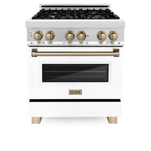 ZLINE Autograph Edition 30 in. 4.0 cu. ft. Legacy Dual Fuel Range with 4 Burner Gas Cooktop and Electric Convection Oven in Stainless Steel with White Matte Door and Champagne Bronze Accents (RAZ-WM-30-CB)