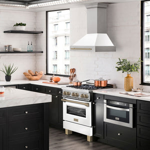 ZLINE Autograph Edition 30 in. 4.0 cu. ft. Legacy Dual Fuel Range with 4 Burner Gas Cooktop and Electric Convection Oven in Stainless Steel with White Matte Door and Champagne Bronze Accents (RAZ-WM-30-CB)