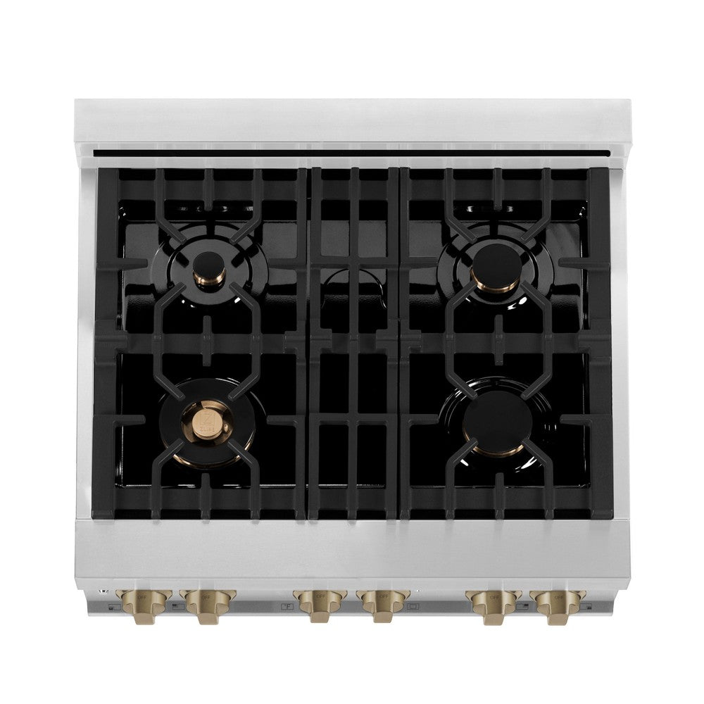 ZLINE Autograph Edition 30 in. 4.0 cu. ft. Legacy Dual Fuel Range with 4 Burner Gas Cooktop and Electric Convection Oven in Stainless Steel with White Matte Door and Champagne Bronze Accents (RAZ-WM-30-CB)