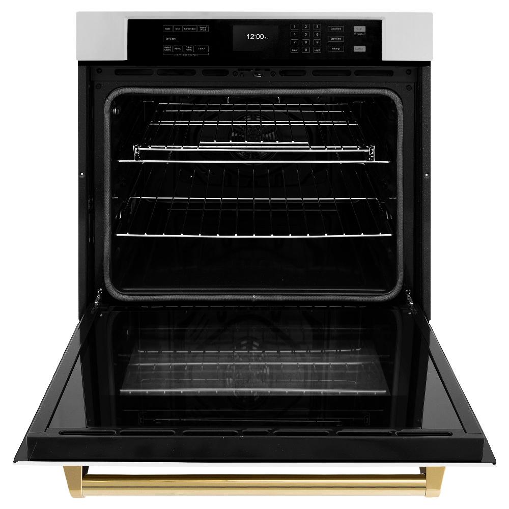ZLINE Autograph Edition 30 in. Professional True Convection Single Wall Oven with Air Fry and Self Clean in Stainless Steel with White Matte Door and Polished Gold Handle (WASZ-WM-30-G)