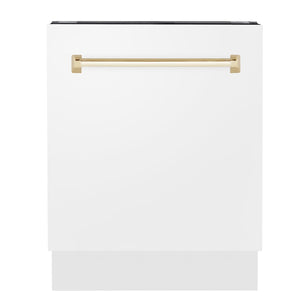 ZLINE Autograph Edition 24 in. 3rd Rack Top Control Tall Tub Dishwasher in White Matte with Polished Gold Accent Handle, 51dBa (DWVZ-WM-24-G)