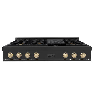 ZLINE Autograph Edition 48 in. Legacy Gas Rangetop with 7 Burners and Porcelain Cooktop in Black Stainless Steel with Polished Gold Accents (RTBZ-48-G)