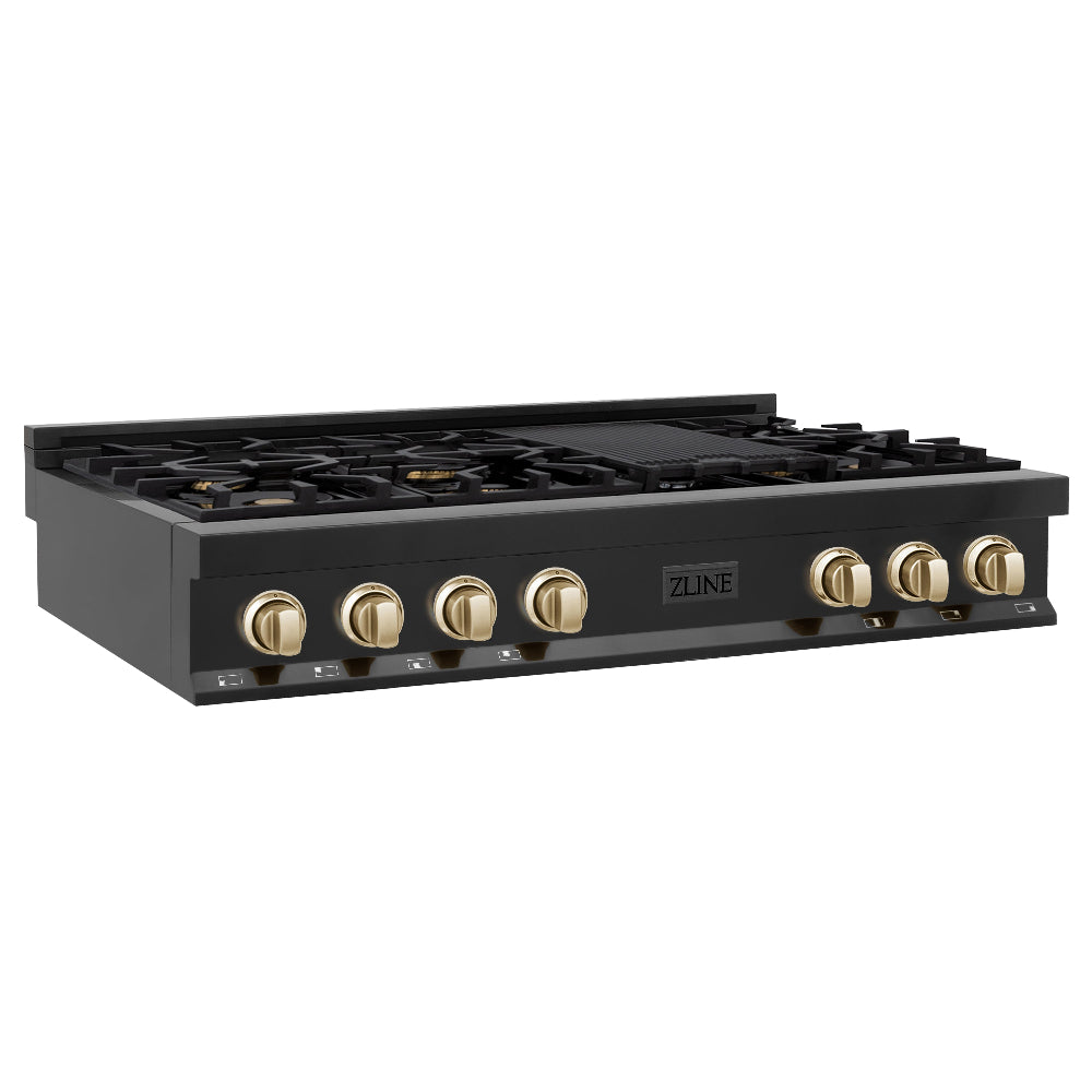 ZLINE Autograph Edition 48 in. Legacy Gas Rangetop with 7 Burners and Porcelain Cooktop in Black Stainless Steel with Polished Gold Accents (RTBZ-48-G) side.