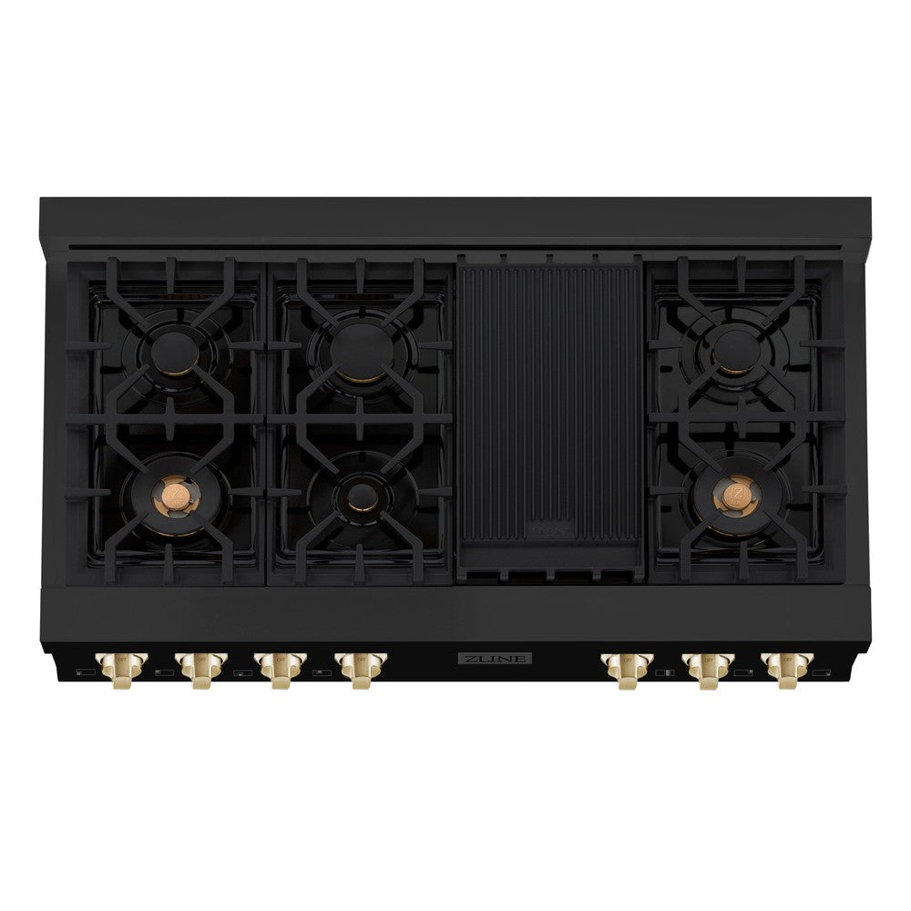 ZLINE Autograph Edition 48 in. Legacy Gas Rangetop with 7 Burners and Porcelain Cooktop in Black Stainless Steel with Polished Gold Accents (RTBZ-48-G)