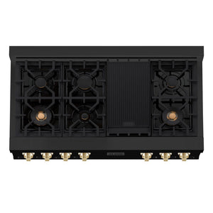 ZLINE Autograph Edition 48 in. Legacy Gas Rangetop with 7 Burners and Porcelain Cooktop in Black Stainless Steel with Polished Gold Accents (RTBZ-48-G)
