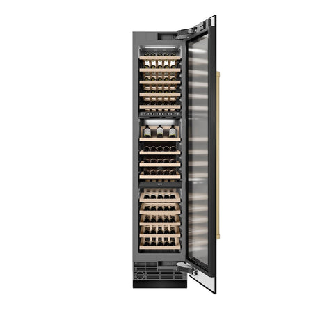 ZLINE Autograph Edition 18 in. 9.0 cu. ft. Triple Zone 68 Bottle Right Hinge Column Wine Cooler in Black Stainless Steel with Champagne Bronze Accents (RCWVRZ-BS-18-CB)