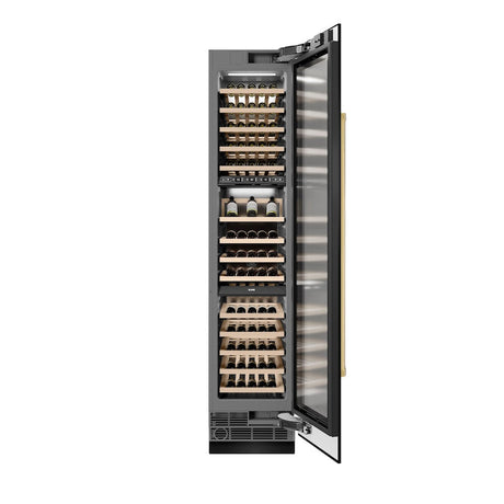 ZLINE Autograph Edition 18 in. 9.0 cu. ft. Triple Zone 68 Bottle Right Hinge Column Wine Cooler in Black Stainless Steel with Polished Gold Accents (RCWVRZ-BS-18-G)