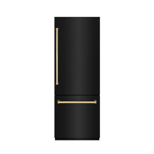 ZLINE Autograph Edition 30 in. 16.1 cu. ft. Built-In Bottom Freezer Refrigerator with Water Dispenser and Ice Maker in Black Stainless Steel with Graphite Gray Interior and Polished Gold Accents (GRBIVZ-BS-30-G)