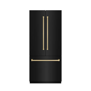 ZLINE Autograph Edition 36 in. 19.6 cu. ft. French Door Built-In Bottom Freezer Refrigerator with Water Dispenser and Ice Maker in Black Stainless Steel with Graphite Gray Interior and Champagne Bronze Accents (GRBIVZ-BS-36-CB)