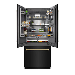 ZLINE Autograph Edition 36 in. 19.6 cu. ft. French Door Built-In Bottom Freezer Refrigerator with Water Dispenser and Ice Maker in Black Stainless Steel with Graphite Gray Interior and Champagne Bronze Accents (GRBIVZ-BS-36-CB)
