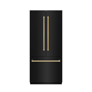 ZLINE Autograph Edition 36 in. 19.6 cu. ft. French Door Built-In Bottom Freezer Refrigerator with Water Dispenser and Ice Maker in Black Stainless Steel with Graphite Gray Interior and Polished Gold Accents (GRBIVZ-BS-36-G)