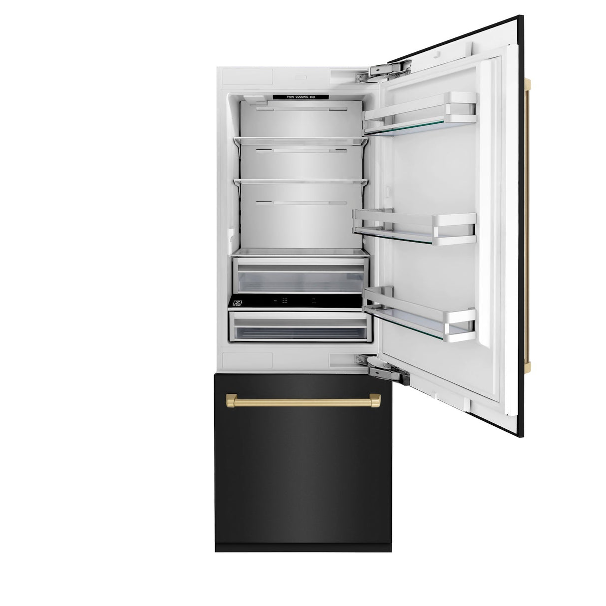 ZLINE Autograph Edition 30 in. 16.1 cu. ft. Built-in 2-Door Bottom Freezer Refrigerator with Internal Water and Ice Dispenser in Black Stainless Steel with Champagne Bronze Accents (RBIVZ-BS-30-CB)