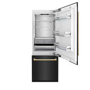 ZLINE Autograph Edition 30 in. 16.1 cu. ft. Built-In Bottom Freezer Refrigerator with Water Dispenser and Ice Maker in Black Stainless Steel with Polished Gold Accents (RBIVZ-BS-30-G)